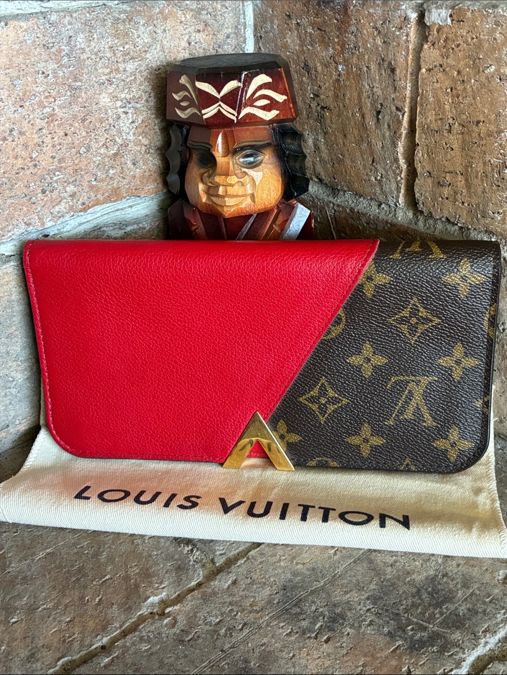❤️ Louis Vuitton Kimono Cherise Red Calf Leather and Brown Monogram Wallet EUC
